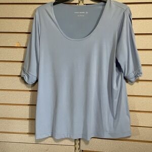 Susan Graver Top Shirt Blouse Lg Light Blue Business Casual Liquid Knit L